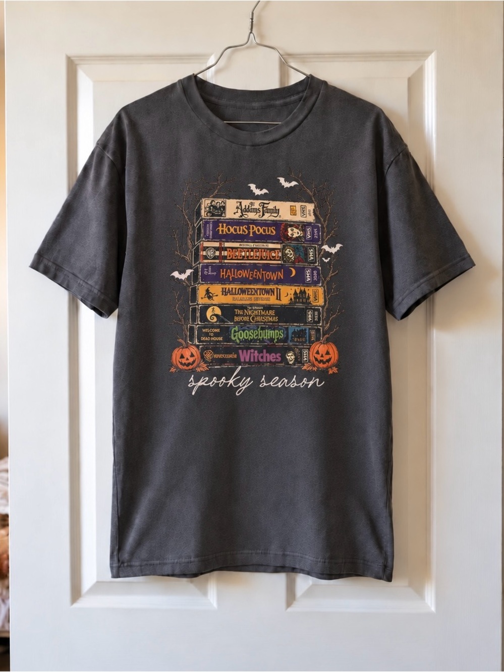 Charcoal Spooky Season VHS Tapes Movie Stack Spooky Fall Aesthetic Gildan Tee